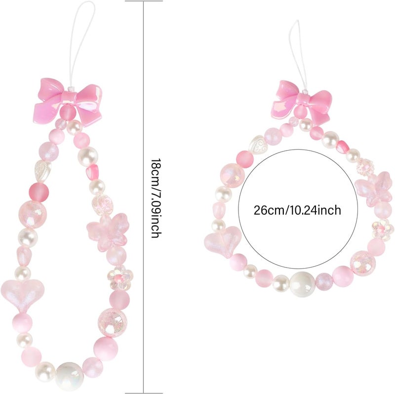 LUVI Beaded Phone Charm Lanyard Wrist Strap Love Heart Bow Beads Butterfly Chain Flower String Pearl Bling Bracelet Keychain Cute Fashion for Women - Image 3